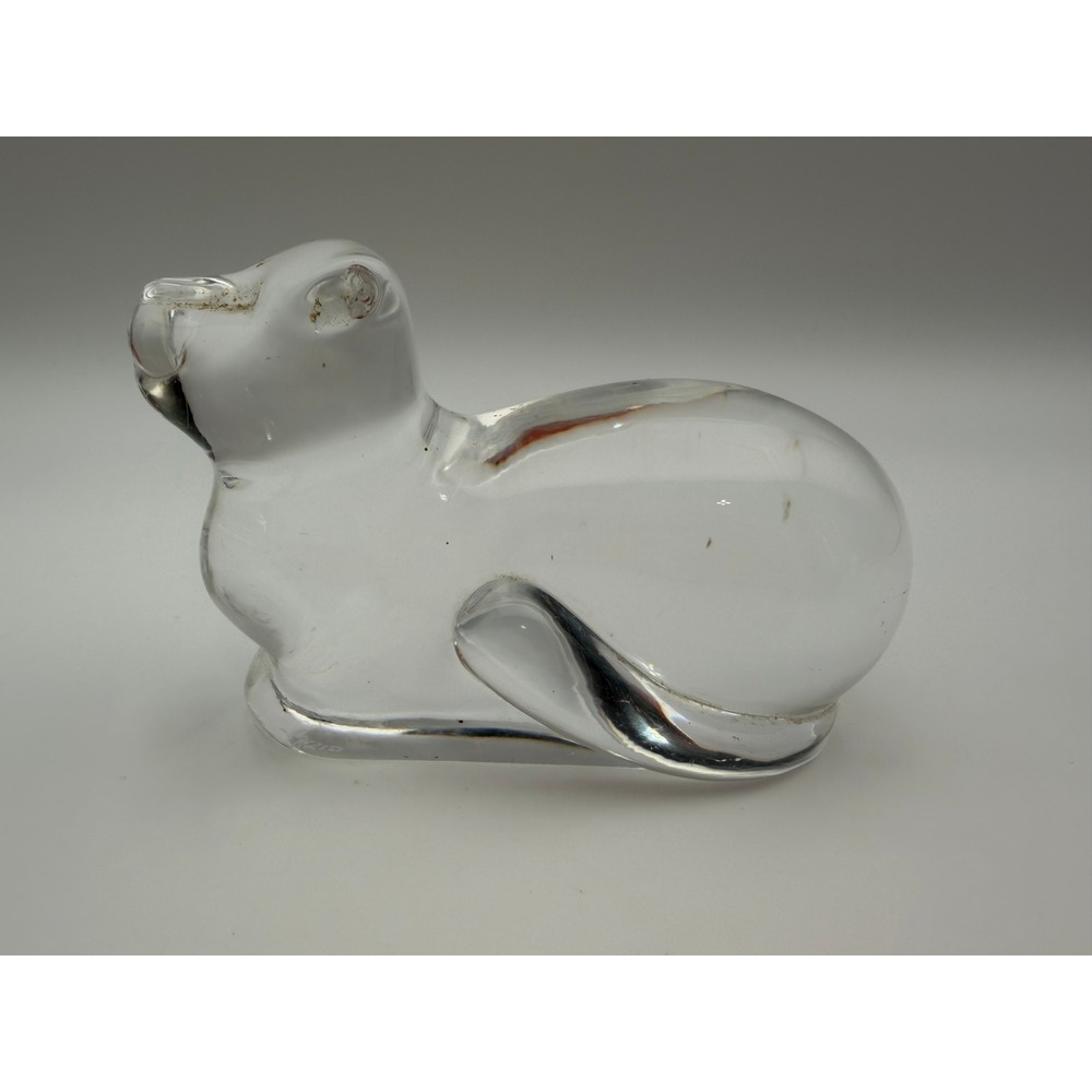 Atlantis Crystal Cat Figurine Reclining Glass Feline‎ Paperweight Clear Signed